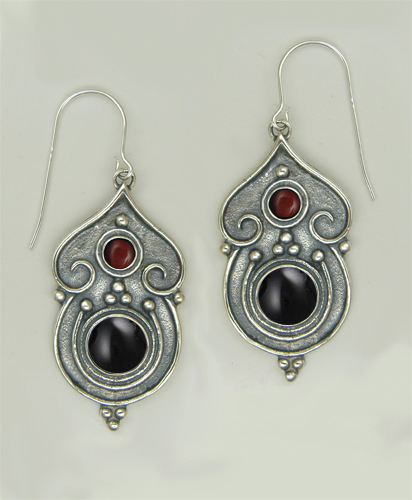 Sterling Silver Gothic Inspired Drop Dangle Earrings With Black Onyx And Red Tiger Eye